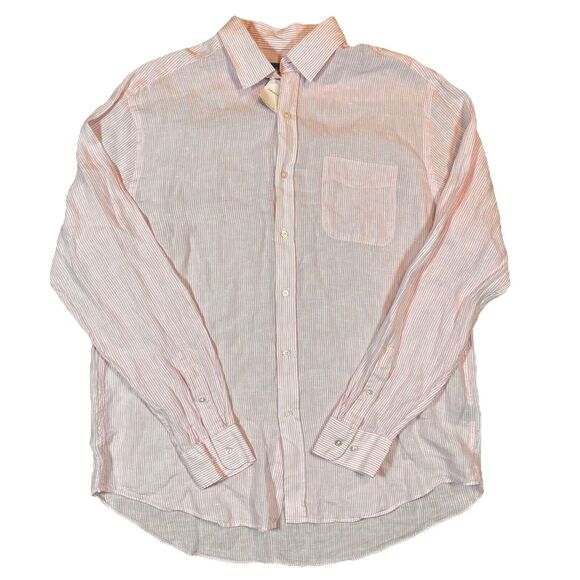 J McLaughlin NWT Gramercy Woven Shirt White Pink Striped 100% Linen XL Button Up - Picture 1 of 7